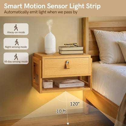 Floating Nightstand with LED Light Strips, Drawer & Shelf