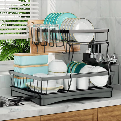 Large 2-Tier Dish Drying Rack w/Draining Tray for Countertops