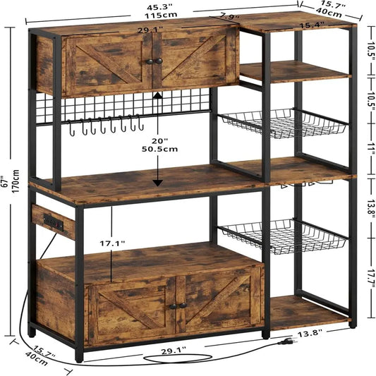 Bakers/ Microwave Stand with 2 Storage Cabinets & Power Outlet