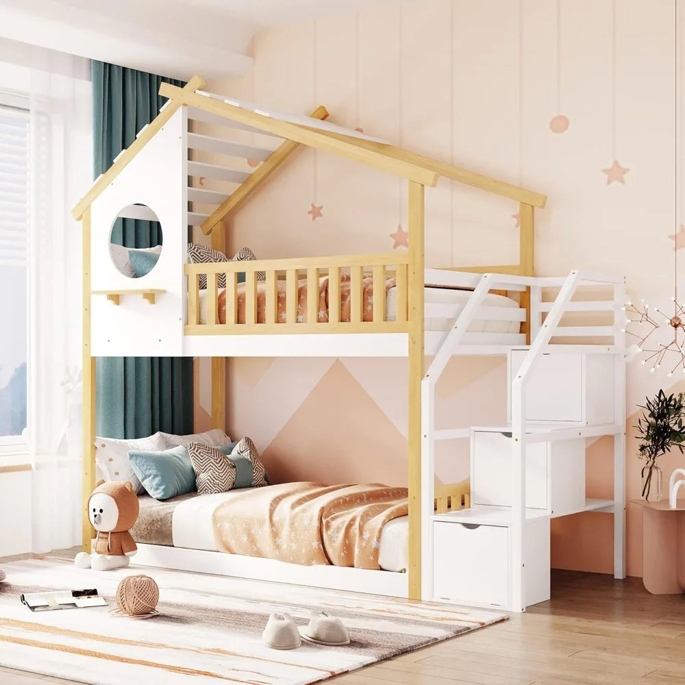 Stairway House Bunk Bed Frame with Storage and Guard Rail