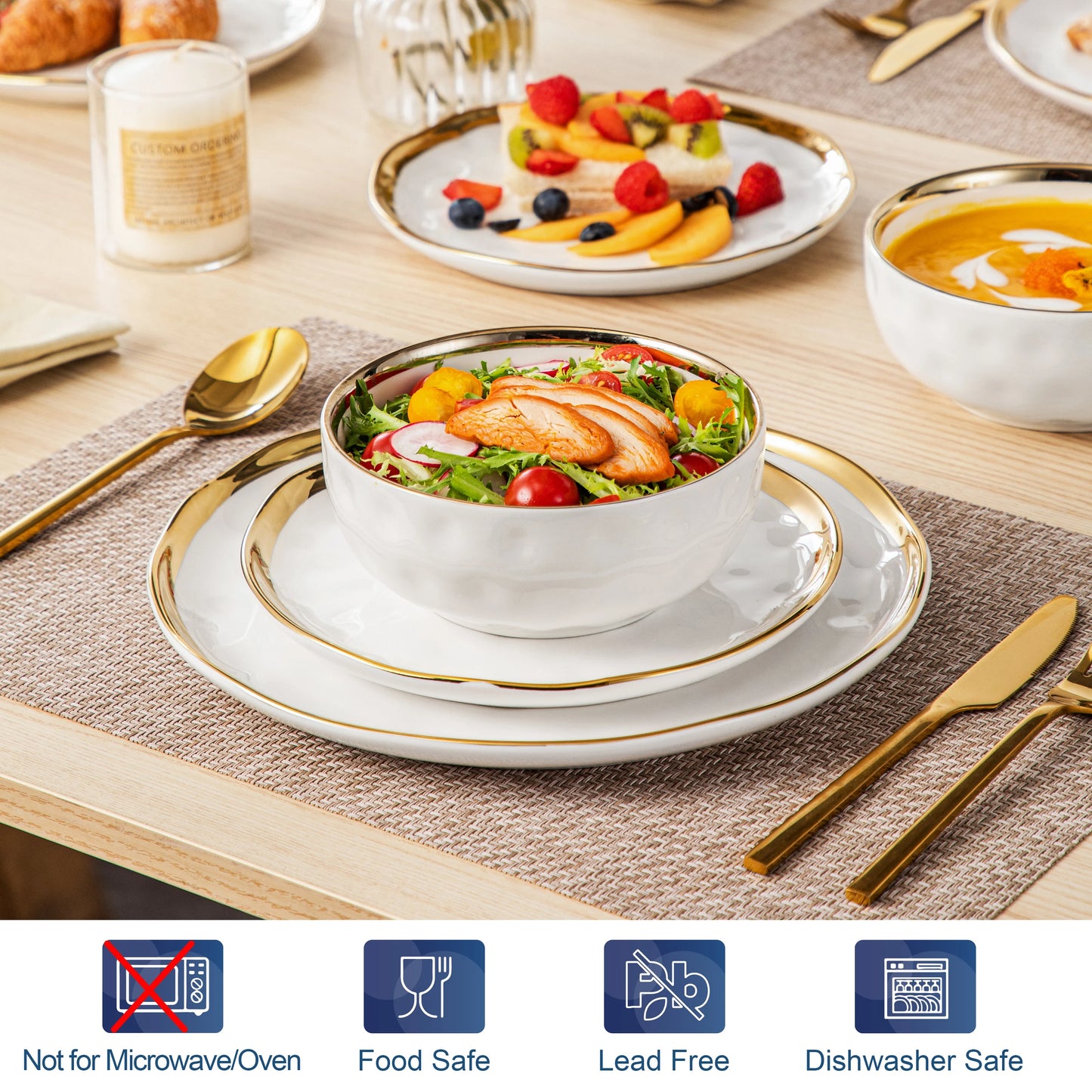 12/24 Piece White with Golden Rim Porcelain Dinnerware Sets