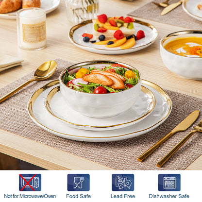 12/24 Piece White with Golden Rim Porcelain Dinnerware Sets