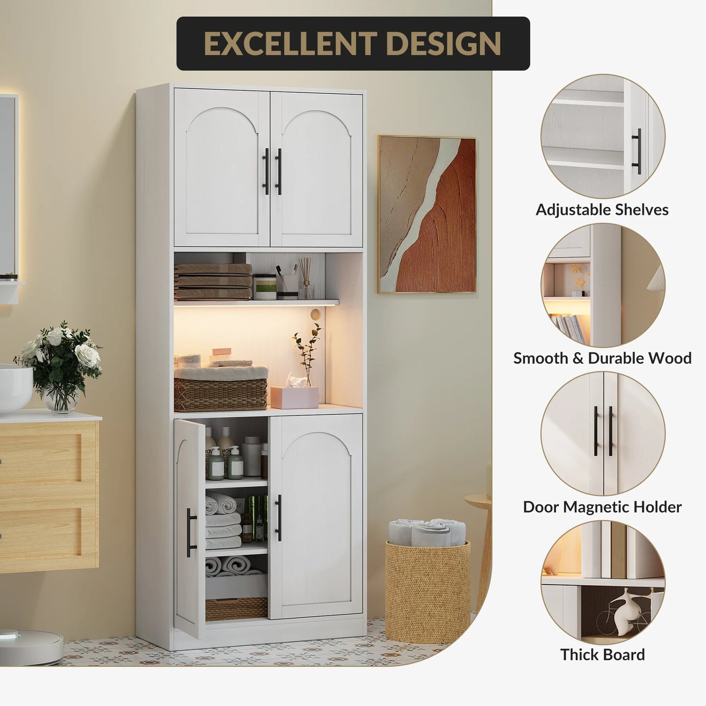 Tall Kitchen Hutch Bar Cabinet with Microwave Stand & LED light