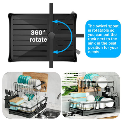 Large 2-Tier Dish Drying Rack w/Draining Tray for Countertops