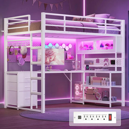 Twin Loft Bed L-Shaped Gaming Desk w/ Storage Hutch, RGB Lights
