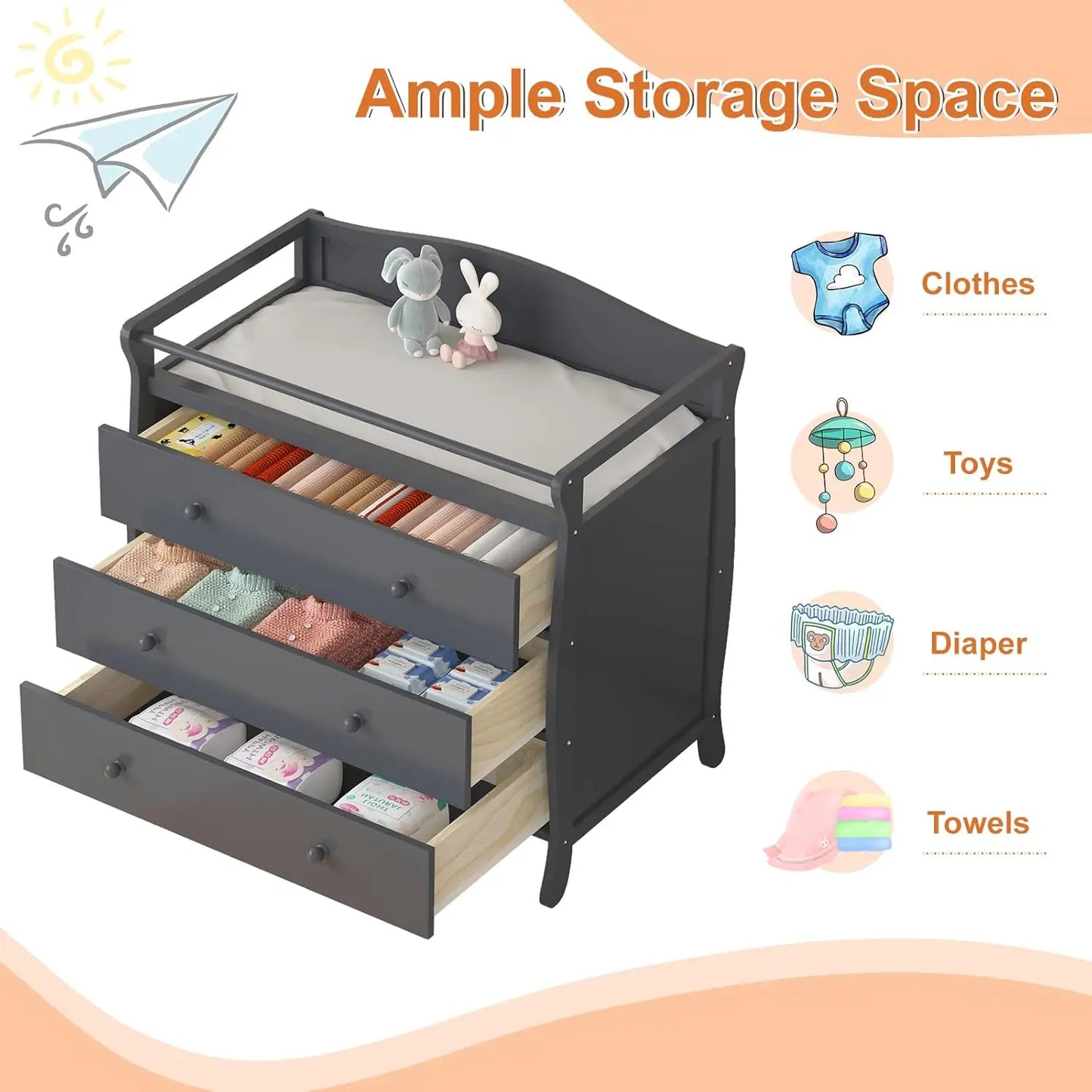 3 Drawer Wooden Diaper Changing Station with Safety Belt & Rails