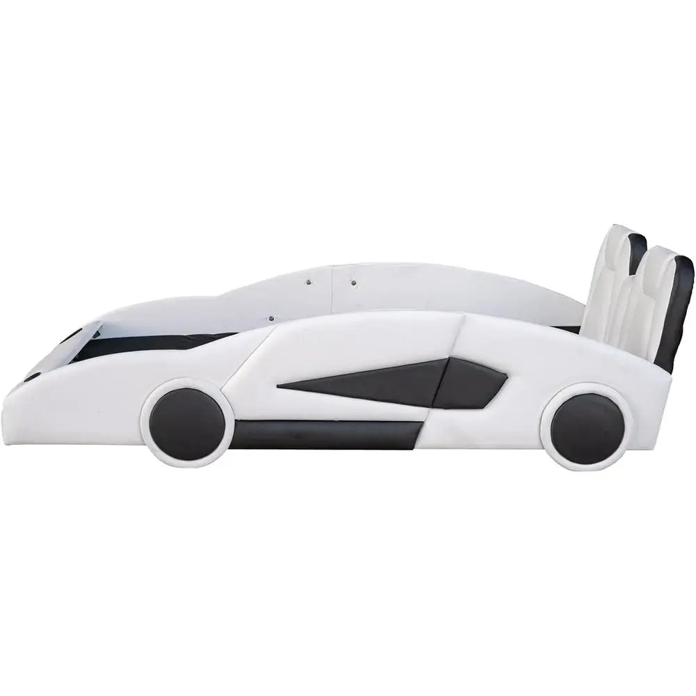 Leather Upholstered Twin Size Race Car Platform Bed with Wheels