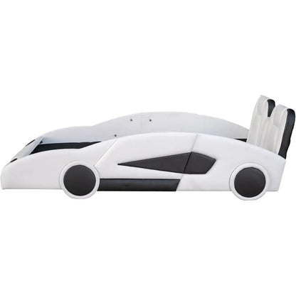 Leather Upholstered Twin Size Race Car Platform Bed with Wheels