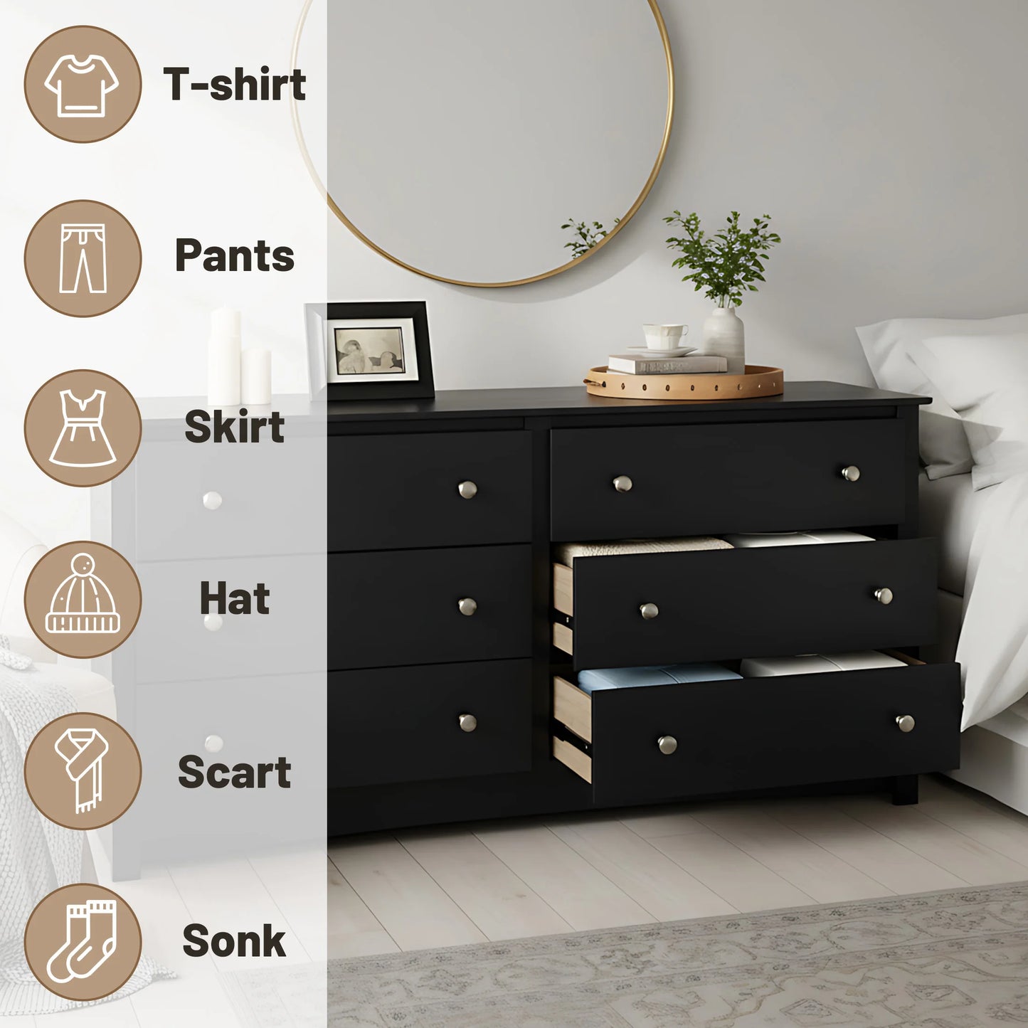 59" Wide Chest of Drawers with 6 Wood Drawers for Storage