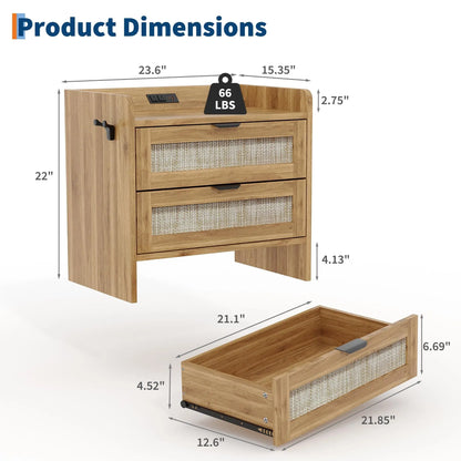 Modern Rattan Nightstand Set of 2 with Charging Station