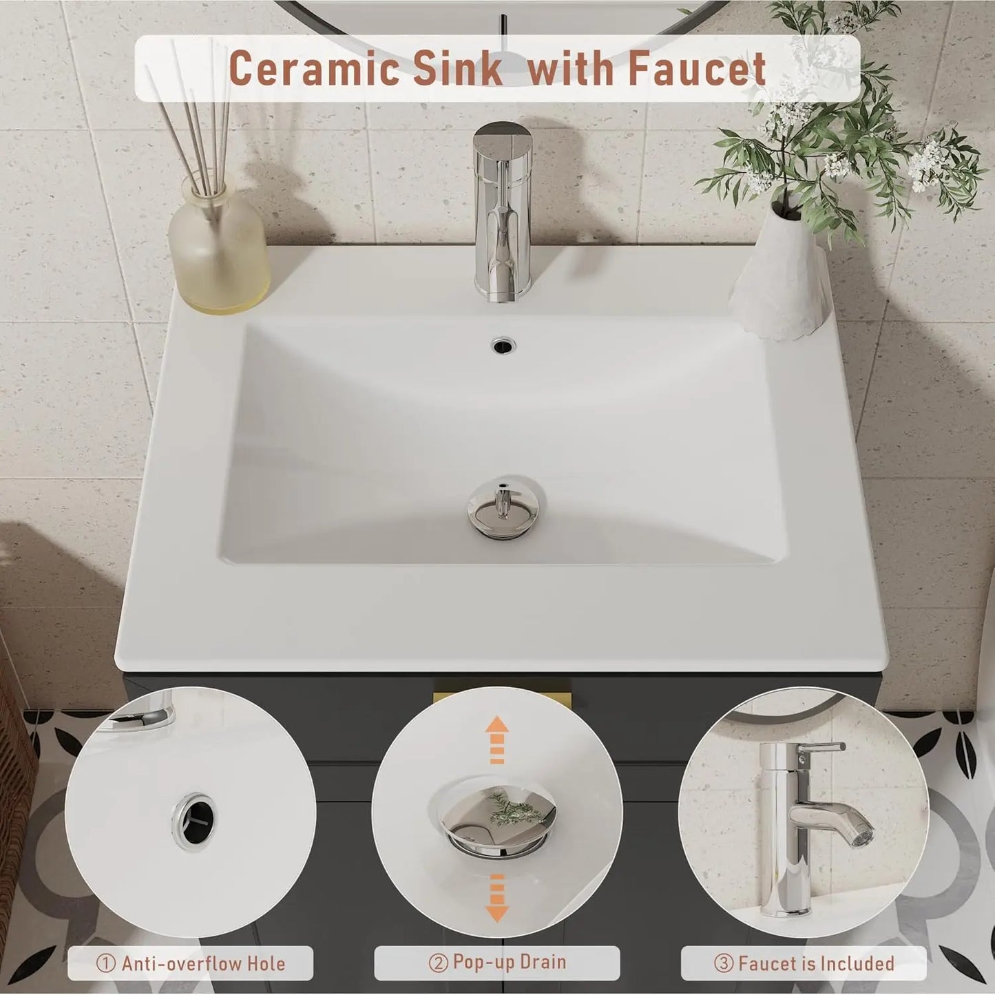 24 Inch Wooden Bathroom Vanity with Ceramic Sink
