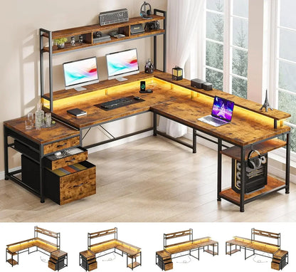 Reversible L Shaped Desk with Drawers & Shelves