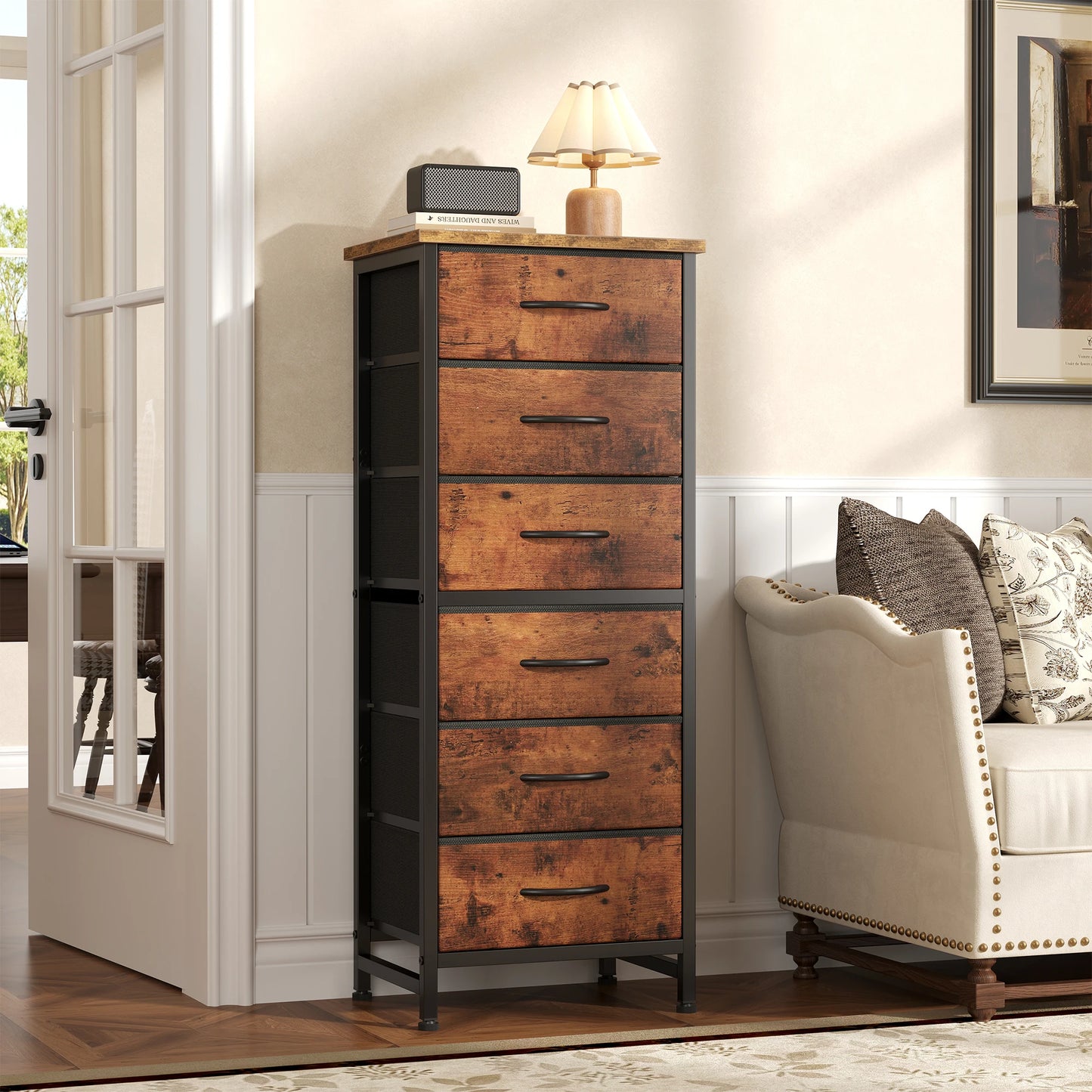 Narrow Storage Tower with Wood Top and Metal Frame