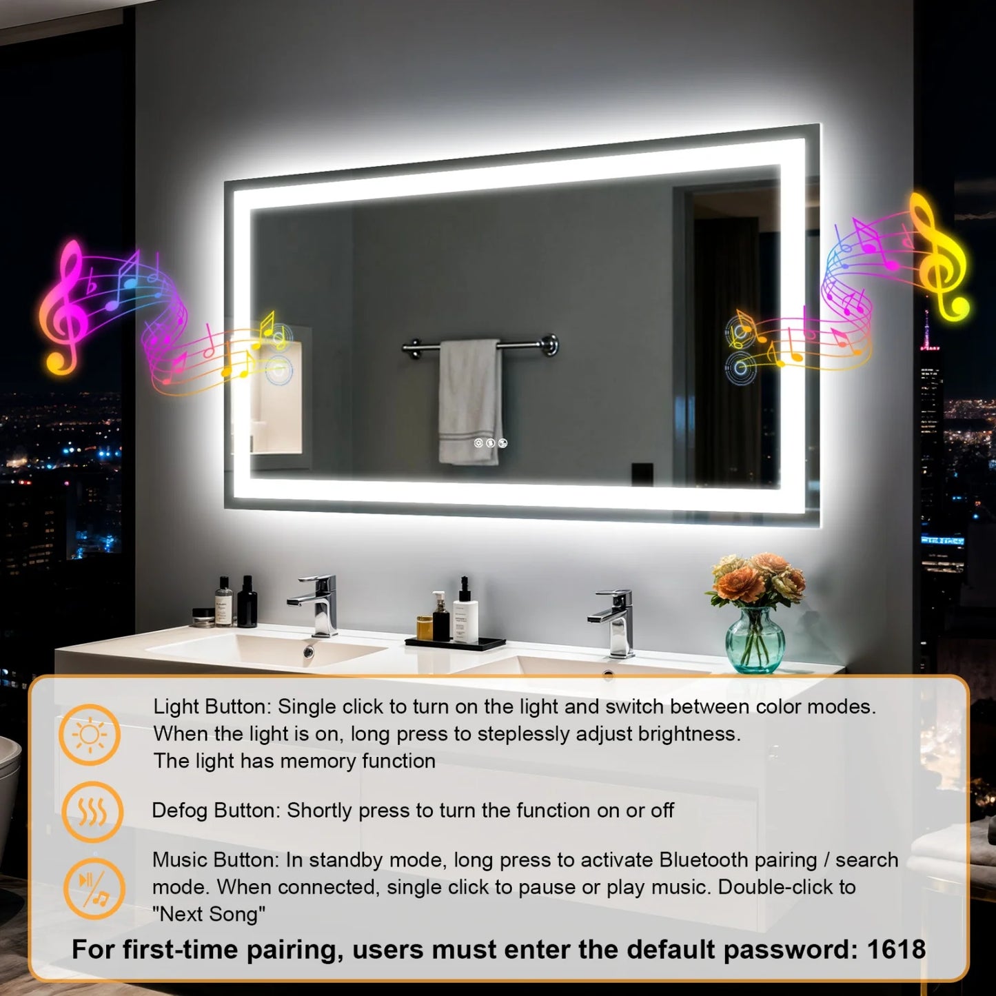 LED Bathroom Mirror w/ Speakers, Dimmable Backlit, Anti-Fog