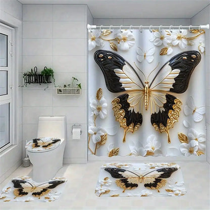 1pc/ 4pcs Platinum Butterfly Shower Curtain Set