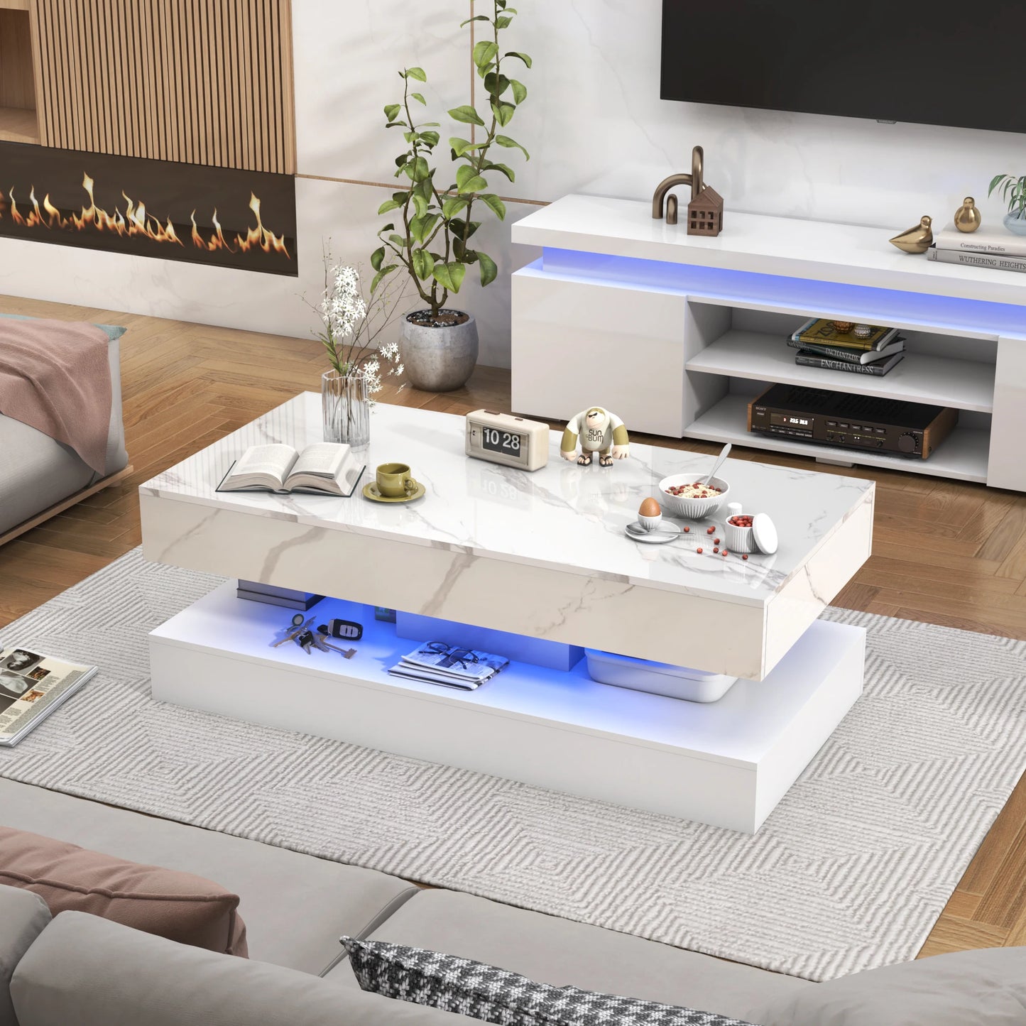 Double-Layer Coffee Table with LED lights & 2 Storage Drawers