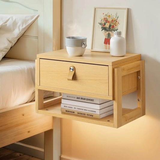 Floating Nightstand with LED Light Strips, Drawer & Shelf