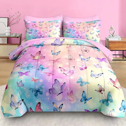 5 Pcs Comforter Set Twin Size, Pink, Blue & Purple Butterfly