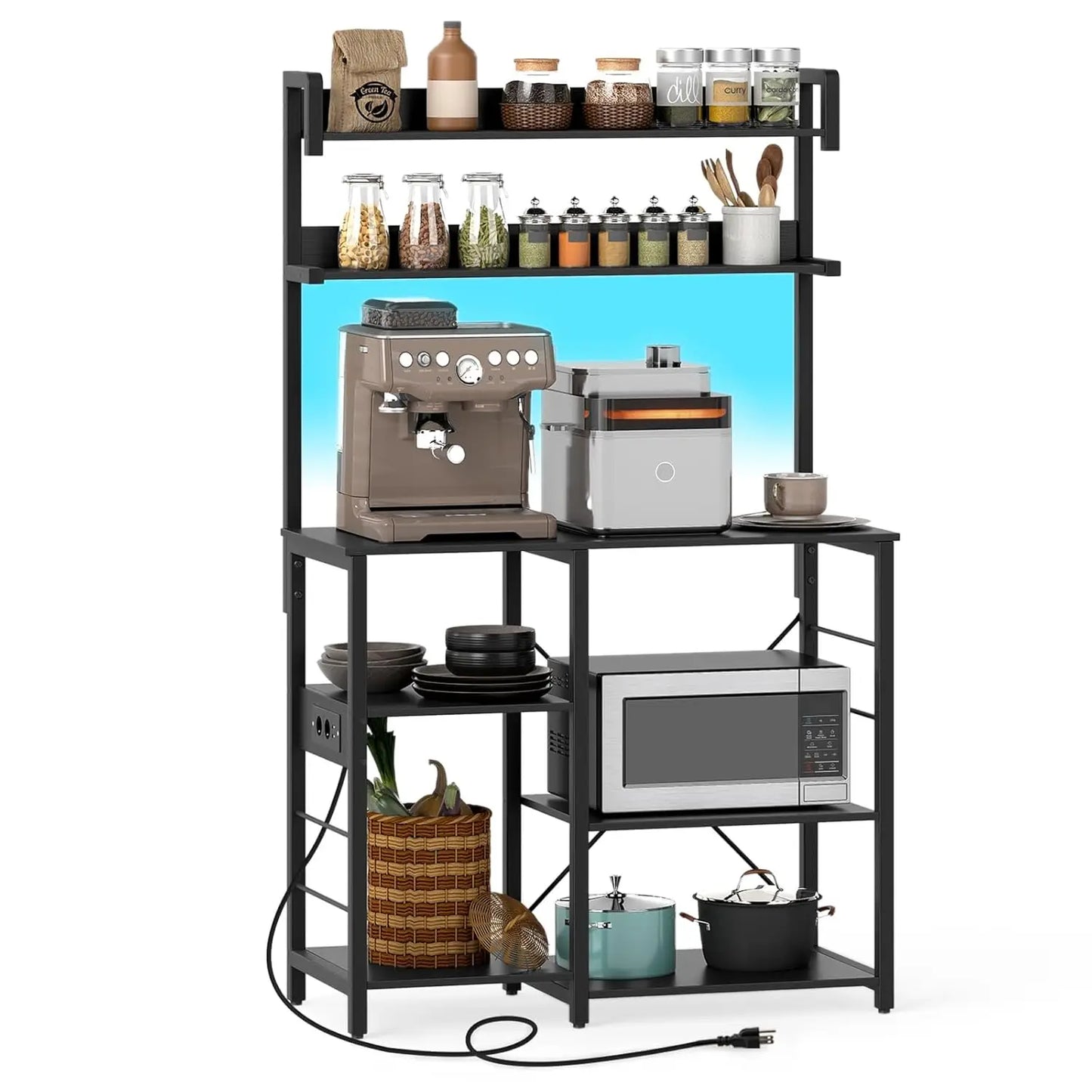 7-Tier Microwave Stand with Power Outlet & Storage Shelves