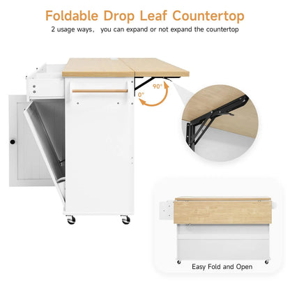 60" Rolling Kitchen Island with Drop-Leaf & Trash Bin