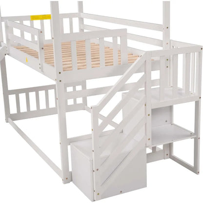 Twin Over Twin Bunk Bed with Slide & Storage Staircase