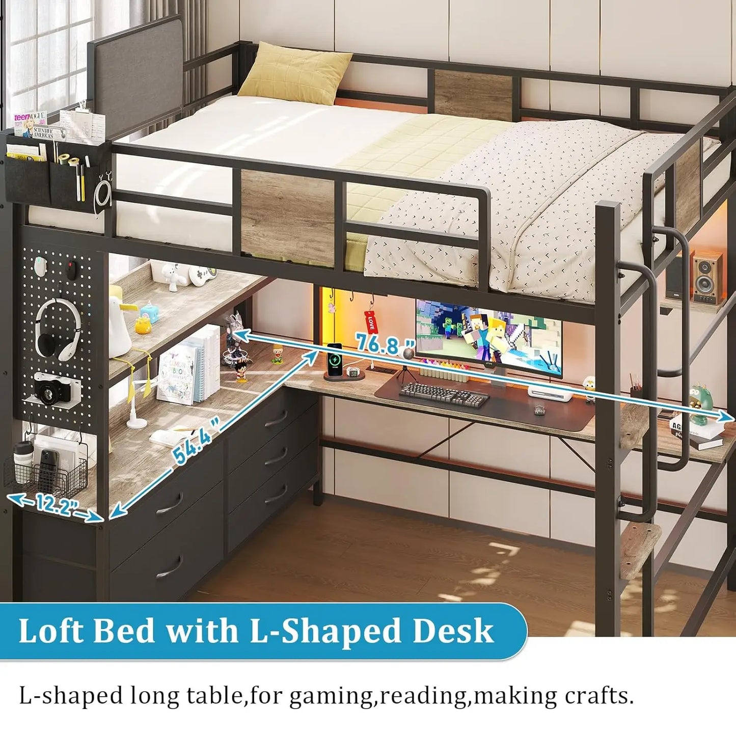 Full Size Loft Bed with Desk, Drawers, Shelves & Charging Station