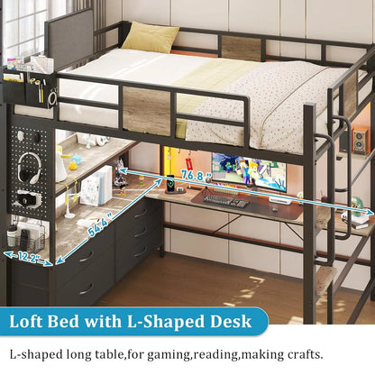 Full Size Loft Bed with Desk, Drawers, Shelves & Charging Station