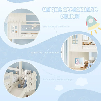 Twin over Full House Bunk Bed with Ladders and Slide