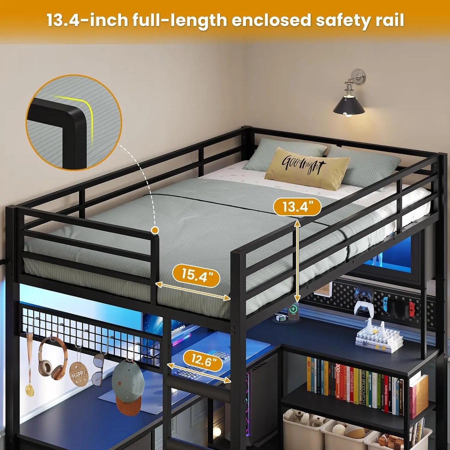 Twin Loft Bed L-Shaped Gaming Desk w/ Storage Hutch, RGB Lights