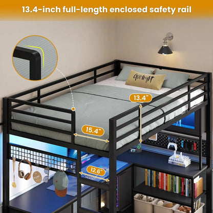 Twin Loft Bed L-Shaped Gaming Desk w/ Storage Hutch, RGB Lights