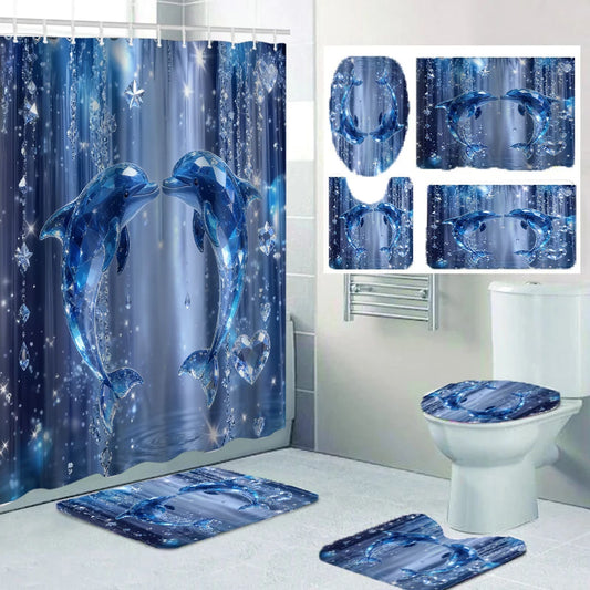 Dolphin Shower Curtain Set with Rugs & Toilet Cover