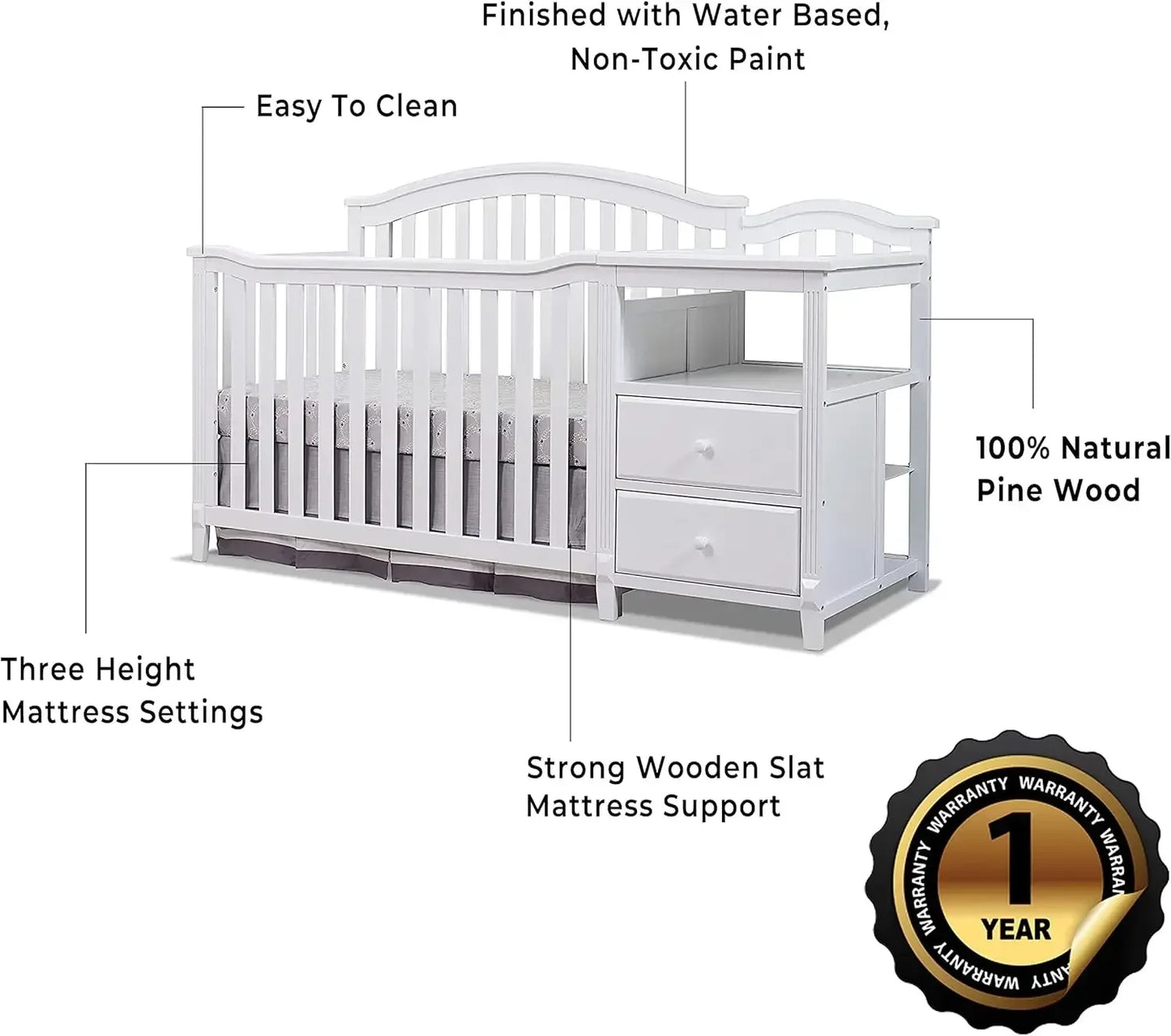 4-in-1 Baby Crib with Attachable Diaper Changing Table