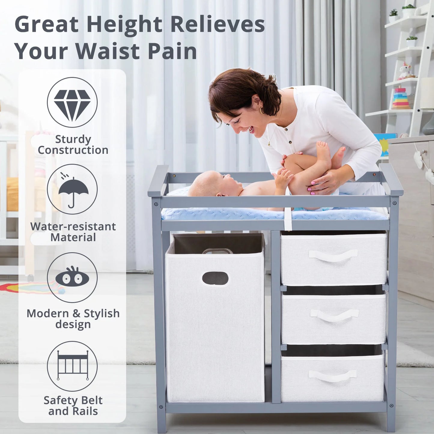 Wooden Diaper Changing Station Dresser with Laundry Hamper