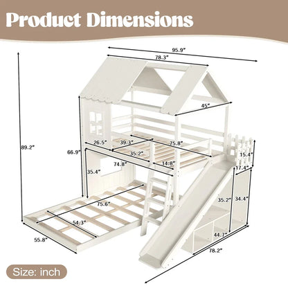 Twin over Full House Bunk Bed with Ladders and Slide