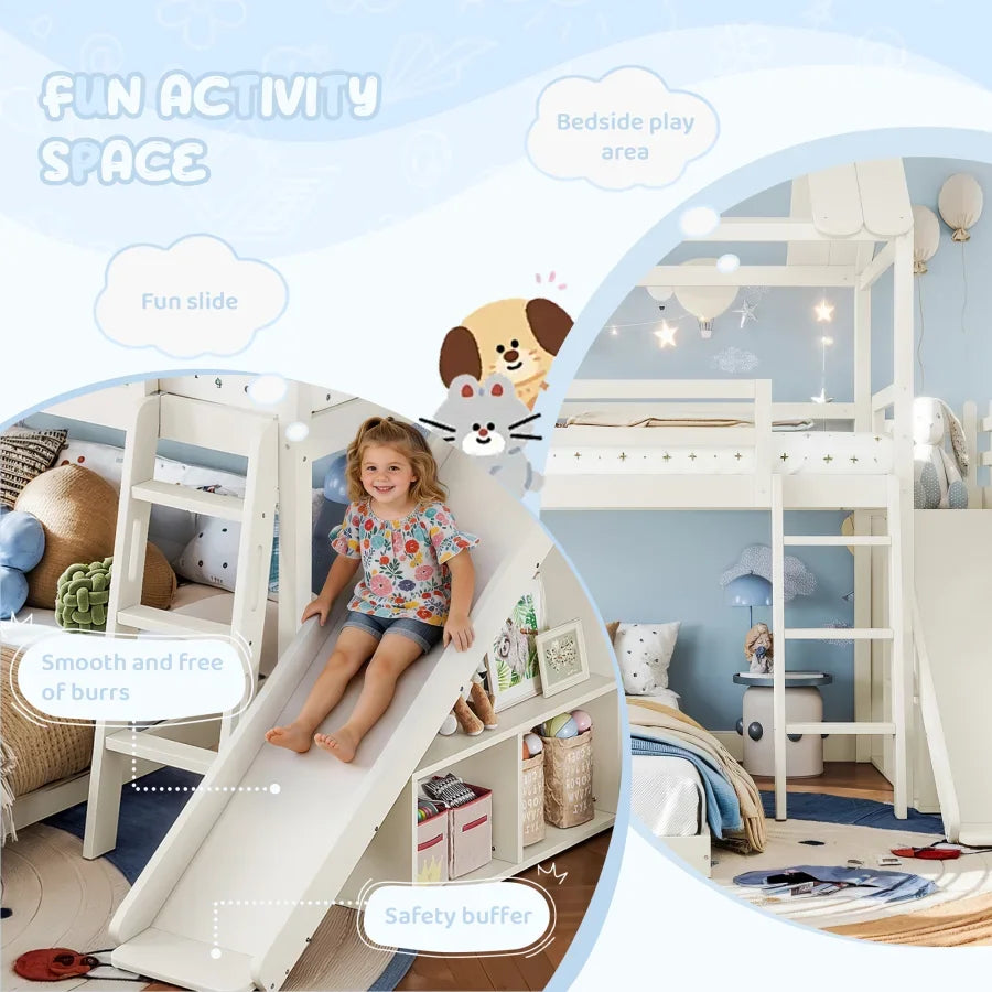 Twin over Full House Bunk Bed with Ladders and Slide