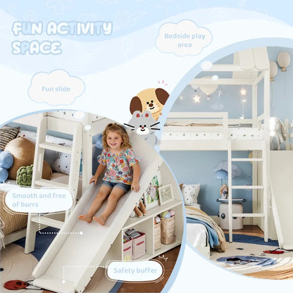 Twin over Full House Bunk Bed with Ladders and Slide