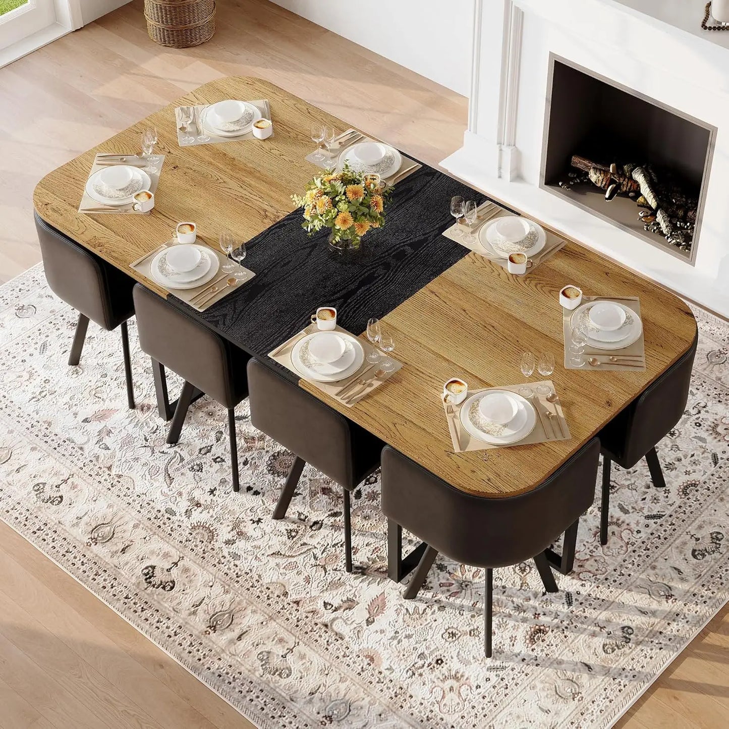 9-Piece Space-Saving Two-Tone Wood Grain Dining Table Set