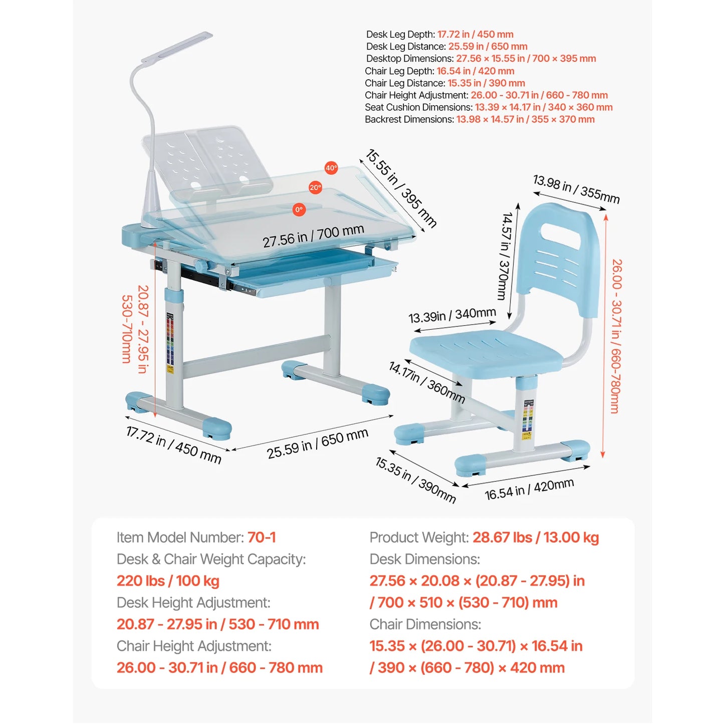 Kids Study Chair and Desk Set with Adjustable Height