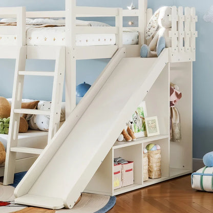 Twin over Full House Bunk Bed with Ladders and Slide