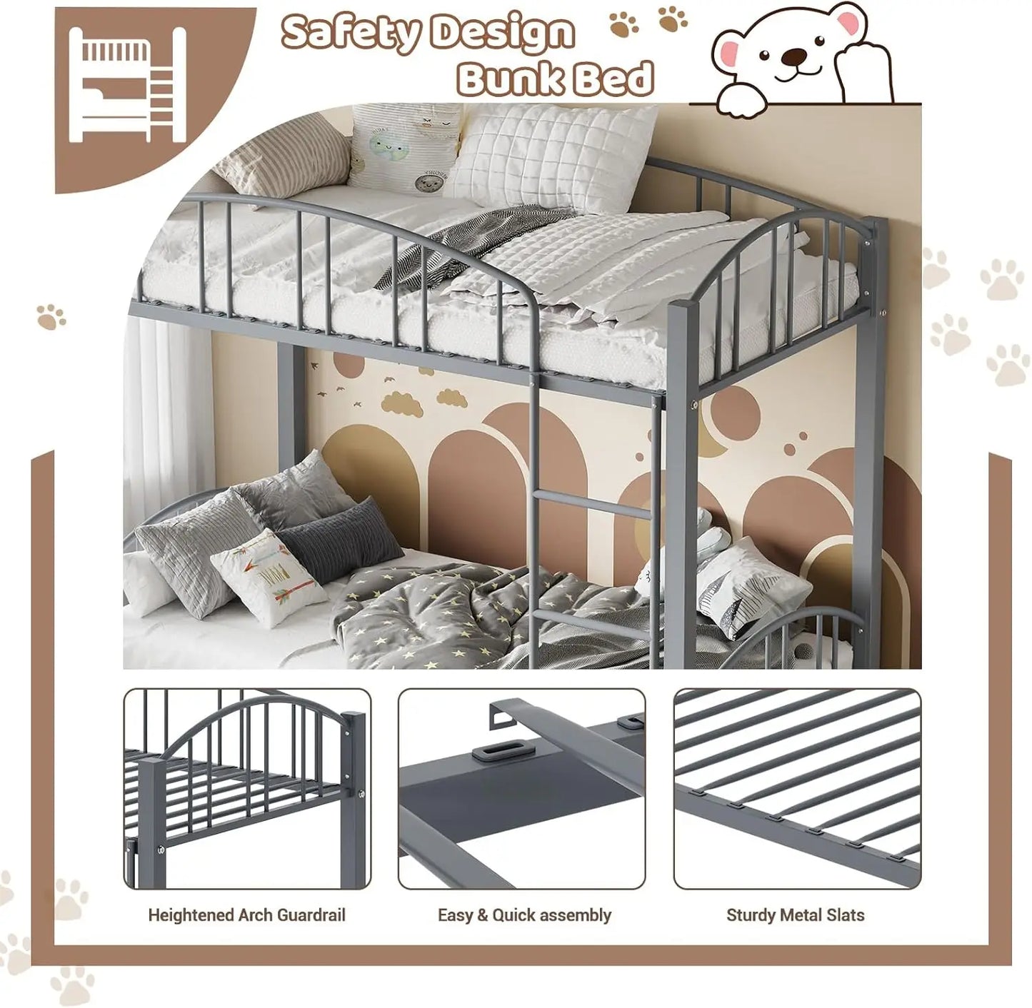 Metal Bunk Beds Twin Over Twin Size with Safety Guardrail & Ladder