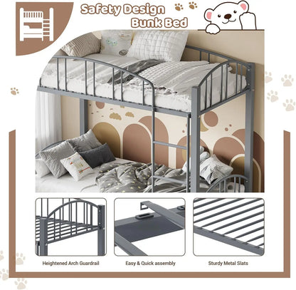Metal Bunk Beds Twin Over Twin Size with Safety Guardrail & Ladder