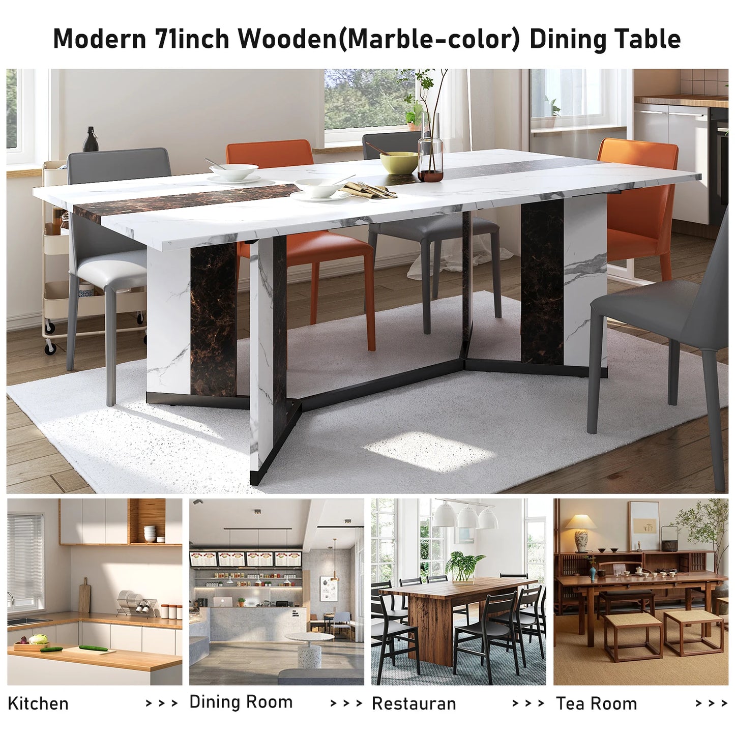 71" Large Rectangular Family Dinner Table with Marble Color, Wood Tabletop & Metal Leg