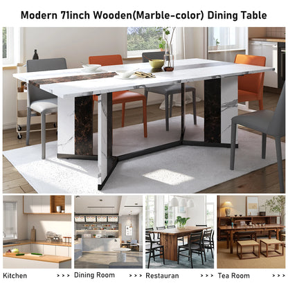 71" Large Rectangular Family Dinner Table with Marble Color, Wood Tabletop & Metal Leg