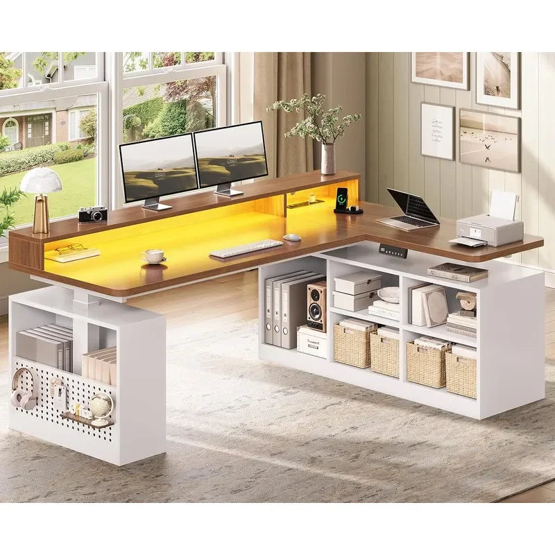 L Shaped Electric Standing Desk with Storage Shelves & LED Lights