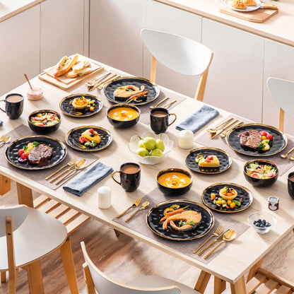 16/32 Piece Black Porcelain Dinnerware Set with Gold Trim