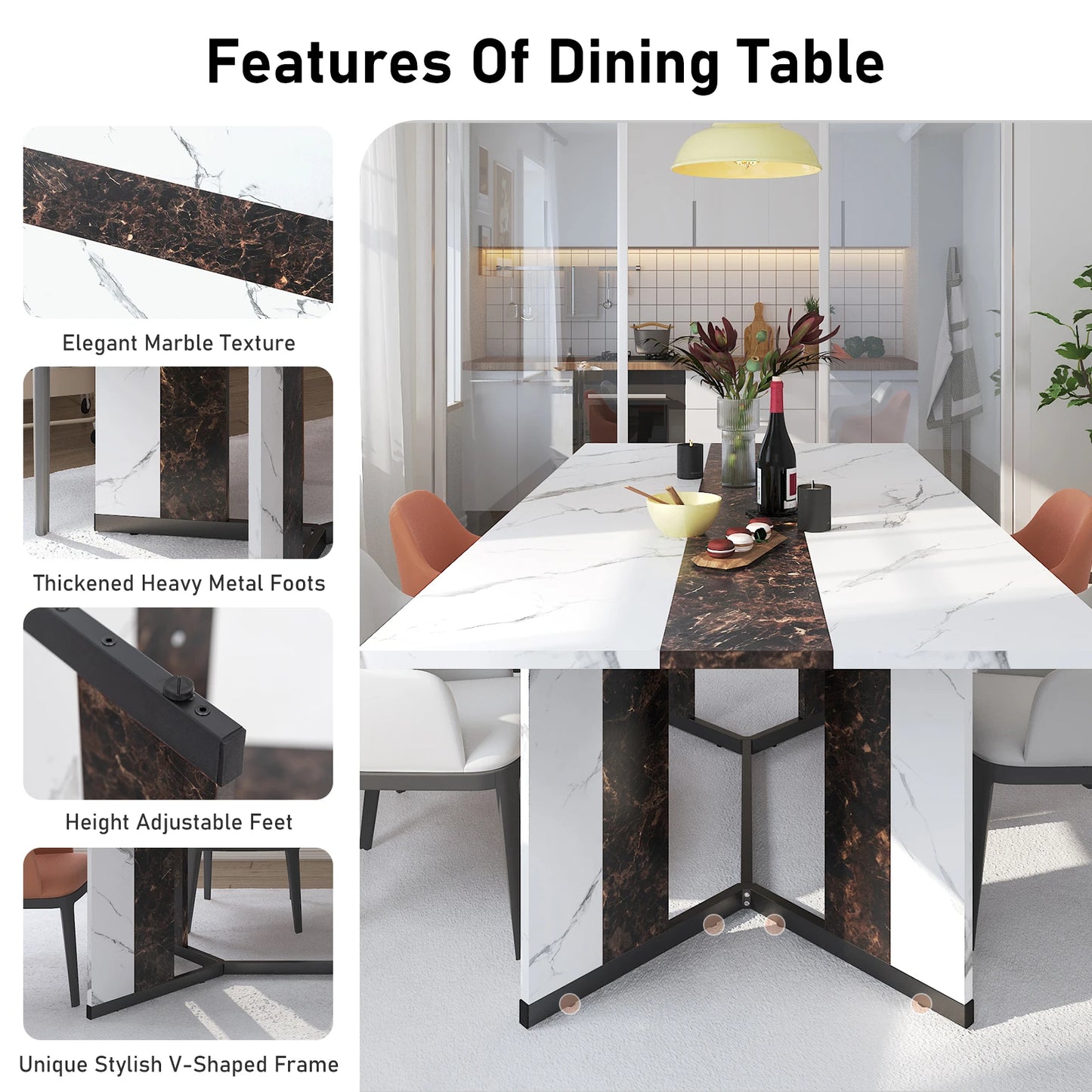 71" Large Rectangular Family Dinner Table with Marble Color, Wood Tabletop & Metal Leg