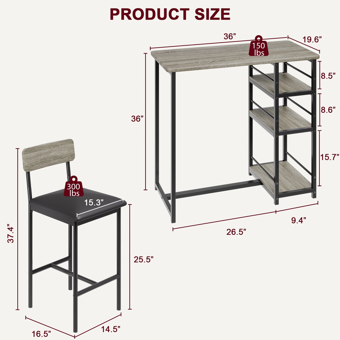 3-Piece Dining Table Set with 3-Tier Shelves Bar