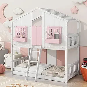 Floor House Bunk Bed with Roof and Window
