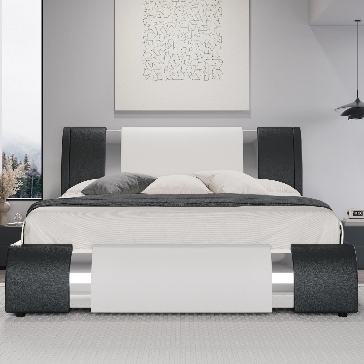 Faux Leather Bed Frame with Iron Pieces Decor & Low Platform