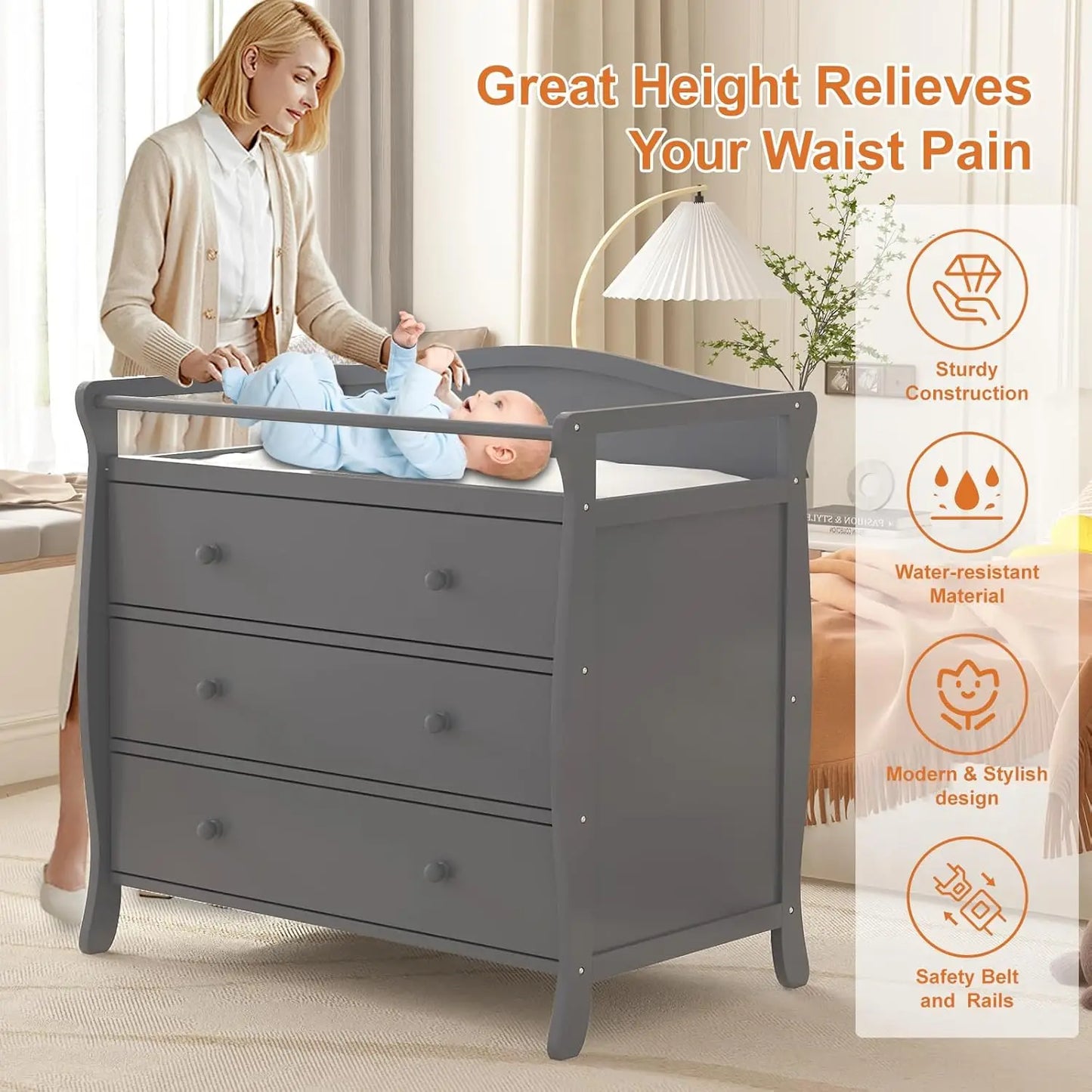 3 Drawer Wooden Diaper Changing Station with Safety Belt & Rails